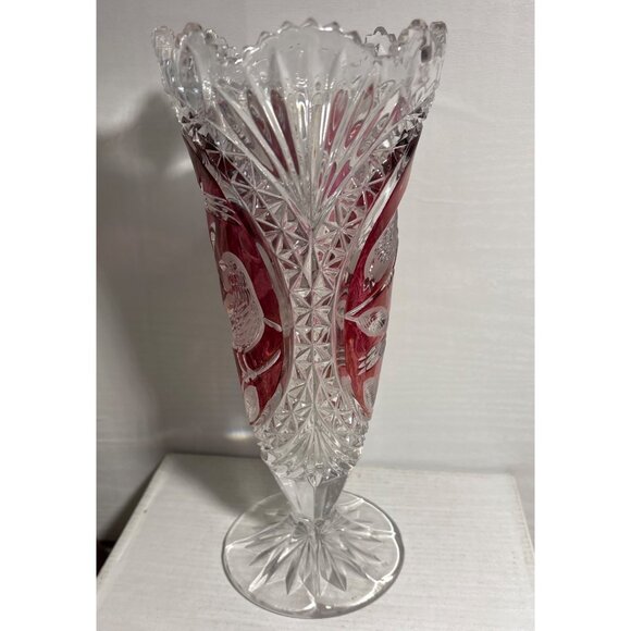 Hofbauer Byrdes Crystal Vase With Bird Motif & Ruby Red Overlay 10.5" Tall Vtg - Picture 13 of 13